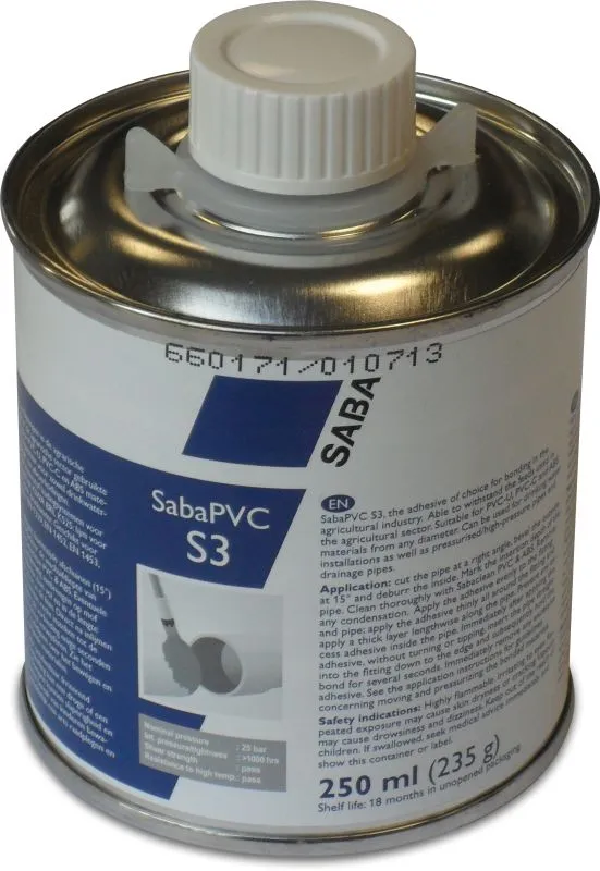 PVC lijm S3 met kwast Saba, 0,25 liter